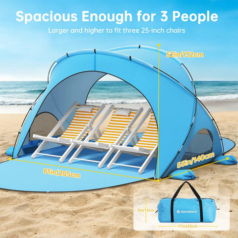 Beach Shade Tent With UPF50 UV Protection, Portable Sun Shelter For 1 To 3 People, showing tent on beach with chairs inside.