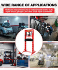 Heavy Duty 20 Ton Hydraulic Shop Press, Adjustable H Frame Floor Press With Thick Steel Plates For Shop Dogs And Metal Straightening, Rock Solid Red Build in garage setting with metalworking tools.
