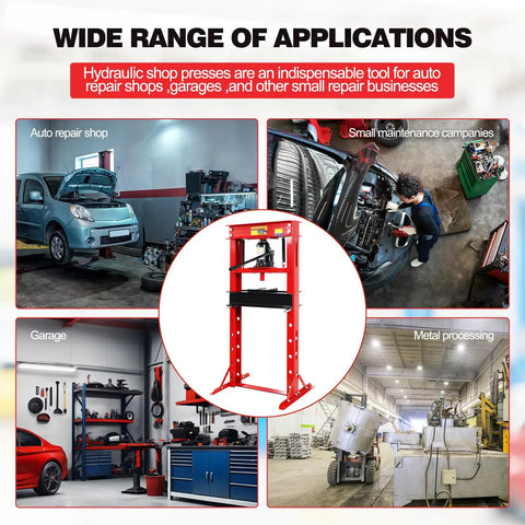 Heavy Duty 20 Ton Hydraulic Shop Press, Adjustable H Frame Floor Press With Thick Steel Plates For Shop Dogs And Metal Straightening, Rock Solid Red Build in garage setting with metalworking tools.
