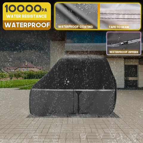 All Weather Golf Cart Cover For 2 Or 4 Passengers Fits EZGO Club Car Yamaha 420D Waterproof Windproof Sunproof Outdoor Full Cover Black Gray Heavy Duty UV Protectant in rain showing waterproof zippers and seams
