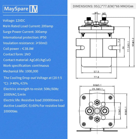200 Amp Battery Isolator And Continuous Duty Solenoid For 12V Systems technical specifications and dimensions diagram.