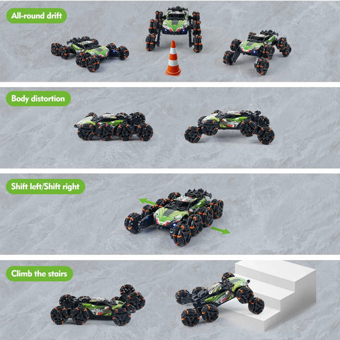 ToyFuntasy 8-wheel remote control stunt car set, green/black, 2.4GHz gesture sensing, seven cars