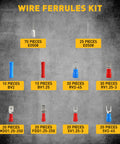 Wire ferrules kit with labeled quantities of various connectors, including E0508, BV2, RV1.25-3, SV2-4S, part of All In One 321 Piece Wire Connectors Kit With Self Adjusting Stripper Three In One Crimp Stripping Cutting Heavy Duty Automatic Electrical Tool For 10 24 AWG Ring Butt Spade Fork Connectors End Sleeves And Tie Tapes.