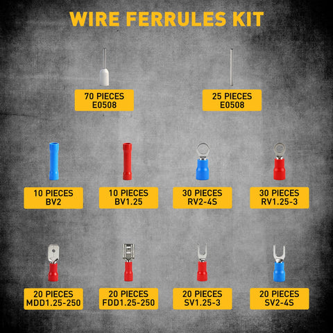 Wire ferrules kit with labeled quantities of various connectors, including E0508, BV2, RV1.25-3, SV2-4S, part of All In One 321 Piece Wire Connectors Kit With Self Adjusting Stripper Three In One Crimp Stripping Cutting Heavy Duty Automatic Electrical Tool For 10 24 AWG Ring Butt Spade Fork Connectors End Sleeves And Tie Tapes.