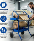 Mobile 18 Inch Multi Roll Masking Paper Machine With Storage Trays For Indoor Outdoor Painting Auto Body Prep And Repair Shops Pro Grade Hand Masker With Flexible Top And Multiple Roll Sizes 12 Inch 6 Inch And 18 Inch blue unit in use at auto body shop.