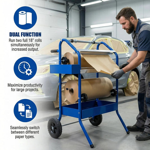 Mobile 18 Inch Multi Roll Masking Paper Machine With Storage Trays For Indoor Outdoor Painting Auto Body Prep And Repair Shops Pro Grade Hand Masker With Flexible Top And Multiple Roll Sizes 12 Inch 6 Inch And 18 Inch blue unit in use at auto body shop.