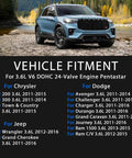 SUV parked by river with vehicle fitment chart for 3.6L V6 DOHC 24-Valve Pentastar engines in Jeep, Dodge, and Ram models 2011-2016