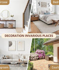 Four areas showcasing home decoration: a staircase with console, a cozy bedroom, a living room with art, and a courtyard with furniture.