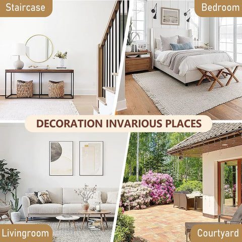 Four areas showcasing home decoration: a staircase with console, a cozy bedroom, a living room with art, and a courtyard with furniture.