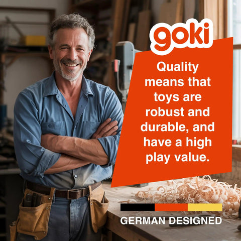 Man smiling in a woodworking shop with text overlay highlighting quality and durability of German-designed toys.