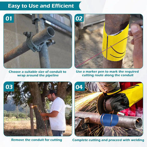 Magnetic Metal Pipe Cutting Guide Kit For Pros With Six Diameters, demonstrating step-by-step pipe marking and cutting process.