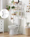 Over The Toilet Storage Rack With 3 Tier Metal Organizer Free Standing Bathroom Shelves Paper Holder And 3 Hooks Space Saving Bathroom Shelf Above Toilet White in a bathroom setting.