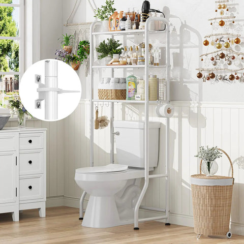 Over The Toilet Storage Rack With 3 Tier Metal Organizer Free Standing Bathroom Shelves Paper Holder And 3 Hooks Space Saving Bathroom Shelf Above Toilet White in a bathroom setting.