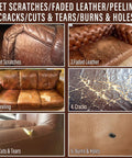 Damaged leather showing pet scratches, faded areas, peeling, cracks, cuts, tears, and burns on furniture. Slick Legit Leather And Vinyl Repair Kit For Couch Furniture Sofa Chair And Seats Featuring Realistic Brown Shade Mixing Tools For Smooth Invisible Touch Ups That Hold Tight All Day Long.