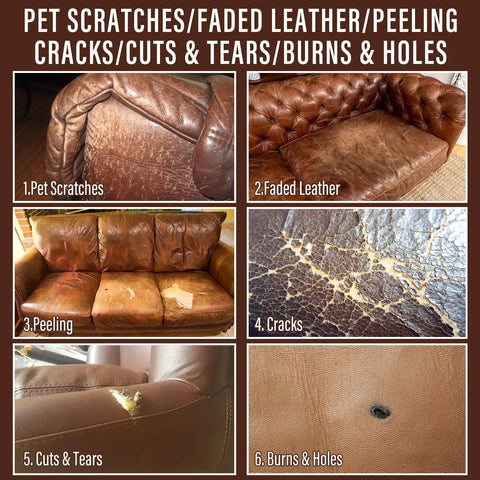 Damaged leather showing pet scratches, faded areas, peeling, cracks, cuts, tears, and burns on furniture. Slick Legit Leather And Vinyl Repair Kit For Couch Furniture Sofa Chair And Seats Featuring Realistic Brown Shade Mixing Tools For Smooth Invisible Touch Ups That Hold Tight All Day Long.
