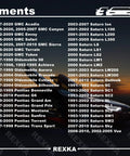 Fitments list for Rexka compatible cars including various GM and Saturn models from 1987 to 2020