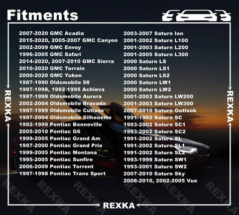 Fitments list for Rexka compatible cars including various GM and Saturn models from 1987 to 2020