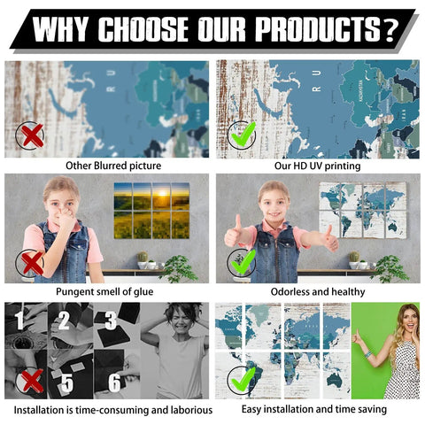Game Changing Soundproof Wall Art Panels Hella Effective Acoustic Padding For Recording Studio Office Or Home Decor Eight Pack 48 By 32 Inches Noise Absorbing Tiles comparison image showing high-quality printing and easy installation process.