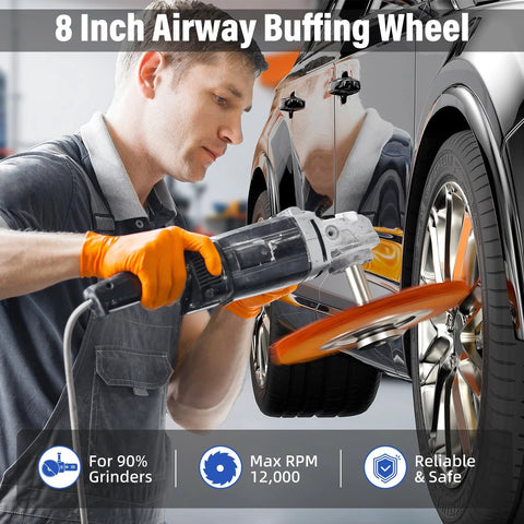 8-inch airway buffing wheel on an angle grinder for car polishing; orange polishing pad, 5/8-inch arbor