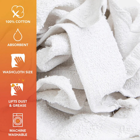 Heavy Duty Terry Cloth Rags For Cleaning, Absorbent Quick Dry Bar Mops, Washable Cotton Blend Wipes, Multi Purpose Rags For Kitchen, Auto Shop And Garage, 5 Lb White Pack For Messes Of Any Size, white close-up
