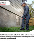 Person using Bifenthrin Insecticide 1 Gallon Bug Spray For Indoor Outdoor Use Perimeter Shield Against Spiders Ants Mosquitoes Fleas