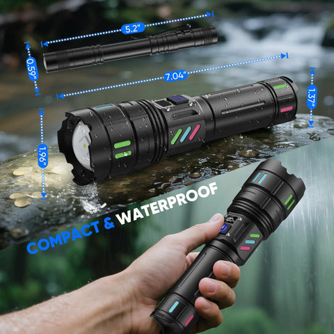 Beast Mode Rechargeable LED Flashlight 100000 Lumens Ultra Long Range 5000 Feet USB C Three Modes, waterproof detail view