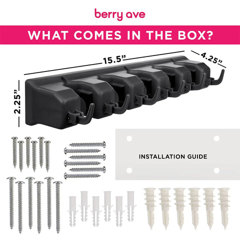 Mop And Broom Wall Mount Organizer With 11 Storage Spots, 5 Slots, screws, anchors, and installation guide, dimensions shown