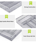 Five Compartment Mesh Silverware Drawer Organizer With Non Slip Foam Feet, strong metal mesh construction