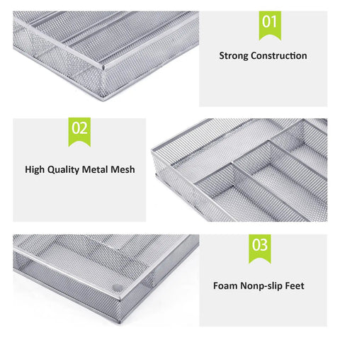 Five Compartment Mesh Silverware Drawer Organizer With Non Slip Foam Feet, strong metal mesh construction