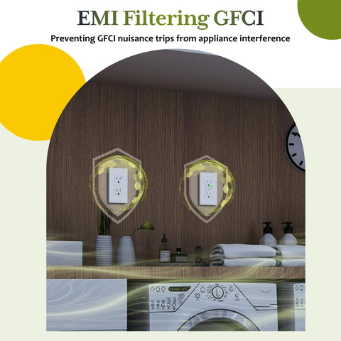 EMI Filtering GFCI Outlet with Self Test and LED Indicator in laundry room setting for shock prevention and safety.