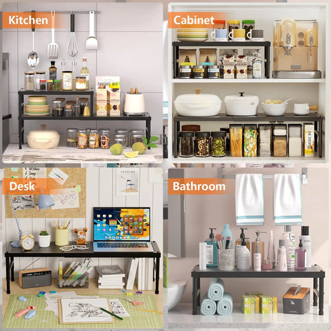 Hella Adjustable And Stackable Kitchen Cabinet Organizer, Pretty Darn Solid Metal Pantry Shelf, used for kitchen and bathroom storage.