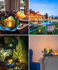 Solar Powered LED Lotus Flower Globe Light for Outdoor Garden Decor Waterproof Blue Metal Crackle Globe with Glass Panels in various settings, illuminating garden and patio.