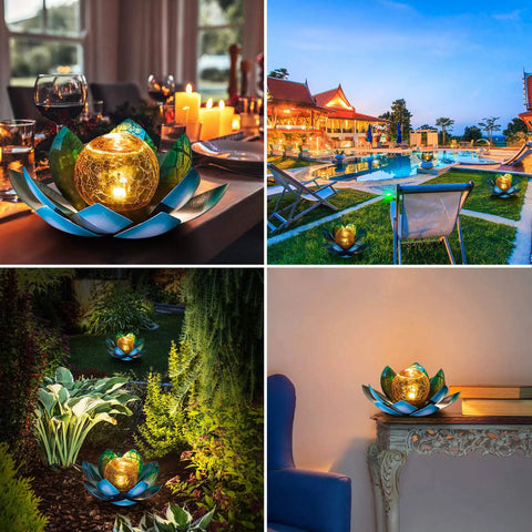 Solar Powered LED Lotus Flower Globe Light for Outdoor Garden Decor Waterproof Blue Metal Crackle Globe with Glass Panels in various settings, illuminating garden and patio.