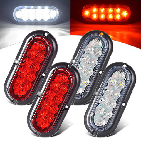 Beefy 6 Inch Oval LED Trailer Tail Light Kit 4 Lights Surface Mount 2R2W IP67DOT showing red and white LED configurations.