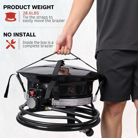 Man carrying a Smokeless Propane Fire Pit 53000 BTU Portable Outdoor Heater For Backyard Party Ready Patio Camping
