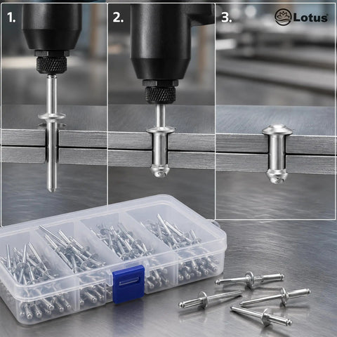 Lotus 100 Piece Assorted Rivet Set Pro Grade Built Tough Aluminum Blind Rivets With Steel Shank Pop Rivets Kit In Handy Storage Case For Hand And Air Riveters Lot S5100, assorted aluminum blind rivets in storage case
