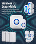 Wireless Door Chime And Driveway Alarm With Motion Sensor For Home And Business, showing components with LED indicators.