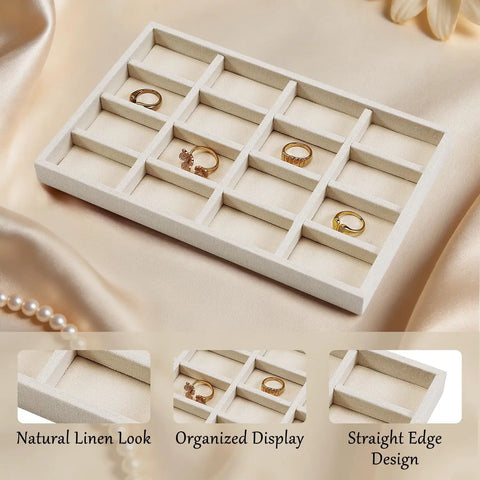 Totally Sweet Beige Linen Jewelry Display Tray With Sixteen Grid Slots For Rings Necklaces And Bracelets Ultra Soft Fabric Organizer on satin fabric.