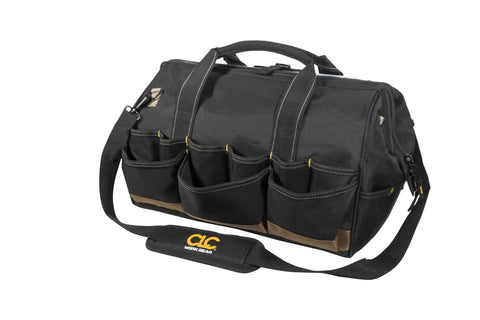 Black Pro Grade 18 Inch Tote Bag With Top Plastic Tray And 37 Pocket Organizer For Tools And Gear, shoulder strap visible