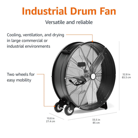 Heavy-Duty 30 Inch High-Velocity Drum Fan With Metal Housing, 300W Power, UL Certified Safety, two wheels, black