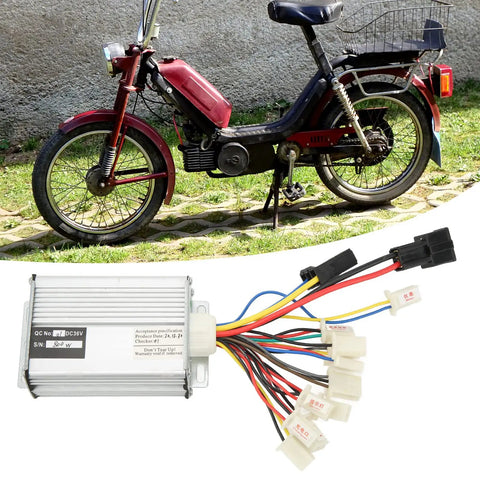 36V 800W Brushed DC Motor Speed Controller for electric bikes and scooters with aluminum alloy case near a red bike