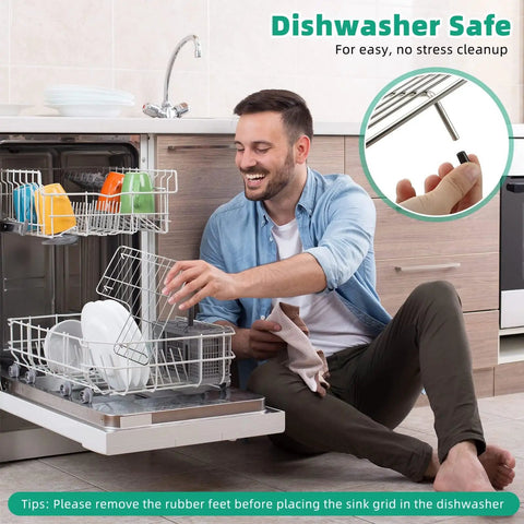Man loading dishwasher with plates next to a Stainless Steel Sink Racks For Kohler Whitehaven K-6486 K-6487 Two Piece Left And Right Basin Protectors.