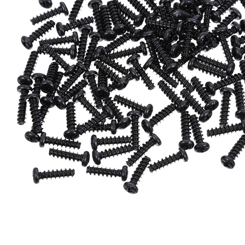 Grab These Happyyami M4x14mm Black Pan Head Self Tapping Screws With Cross Recess And Flat Point, close-up of black screws.