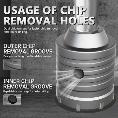 Pro-Grade 34-Piece Concrete Hole Saw Kit with inner and outer chip removal grooves for effective drilling