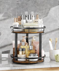 Wooden Ten Inch Lazy Susan Spice Rack Organizer Two Tier For Cabinet And Countertop Kitchen Pantry Condiment And Seasoning Rack With Dope Durable Wood And Metal Frame For Easy Access displayed on a countertop with toiletries