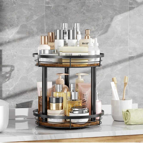 Wooden Ten Inch Lazy Susan Spice Rack Organizer Two Tier For Cabinet And Countertop Kitchen Pantry Condiment And Seasoning Rack With Dope Durable Wood And Metal Frame For Easy Access displayed on a countertop with toiletries