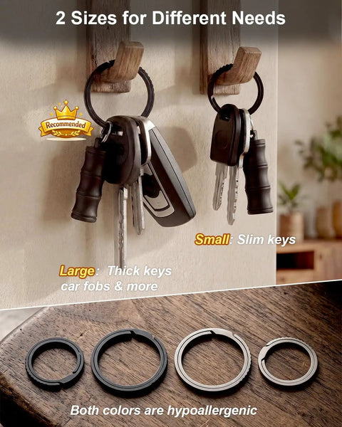Titanium Key Rings Set In Two Sizes For Everyday Carry Side Push Split Key Chains on hooks with keys and car fobs