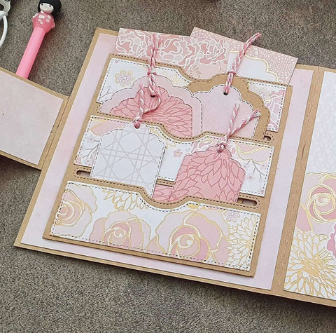 Stitched Slots Pocket Die Cut Set for card making and scrapbooking, large 4.88x5 inch pink pocket die with card slots and labels