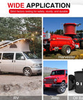 Wide application image featuring an RV, harvester, jeep, and oil barrels showcasing utility and versatility.