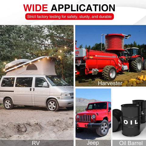 Wide application image featuring an RV, harvester, jeep, and oil barrels showcasing utility and versatility.